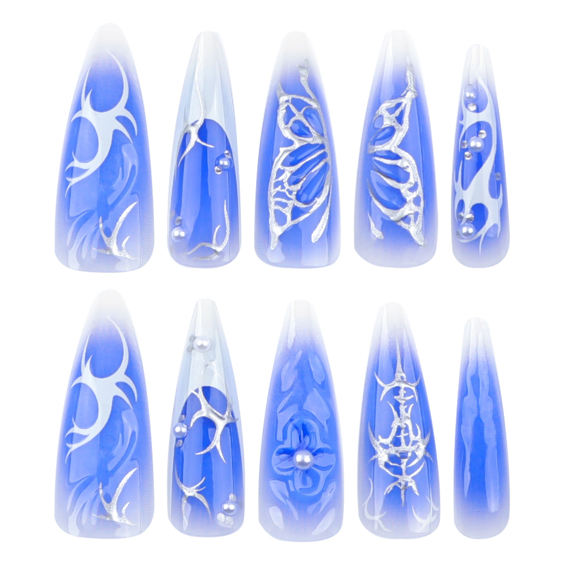 Y2K Blue Jelly French Stiletto Press-On Nails with Silver Butterflies & 3D Flowers