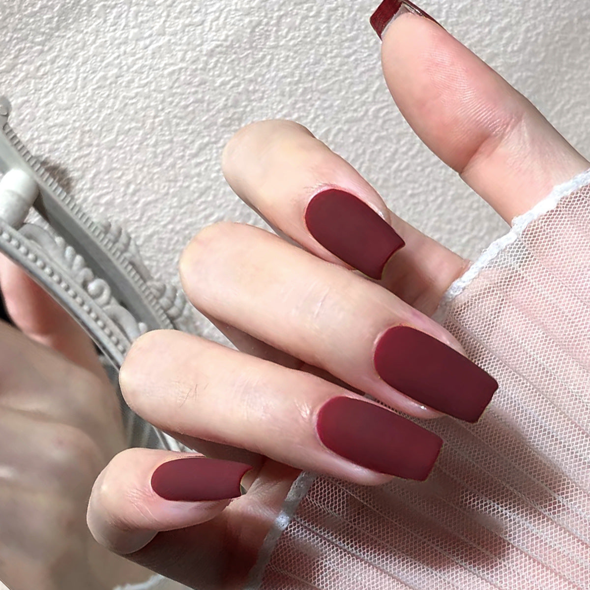 Elegant Matte Velvet Burgundy Press-On Nails
