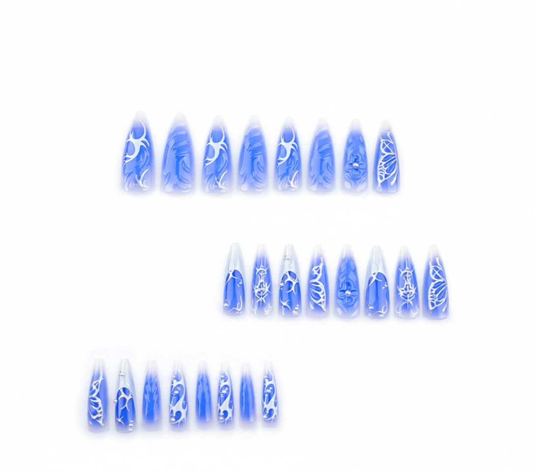 Y2K Blue Jelly French Stiletto Press-On Nails with Silver Butterflies & 3D Flowers