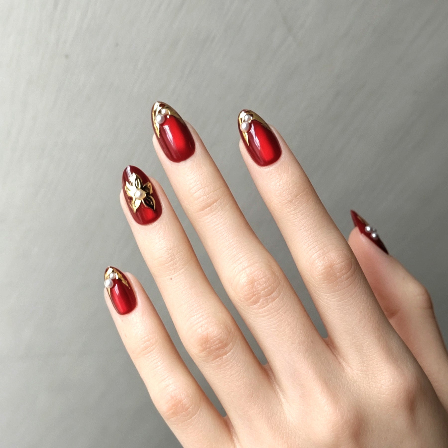 Luxury Cat Eye Gold Foil & Pearl Almond Press-On Nails