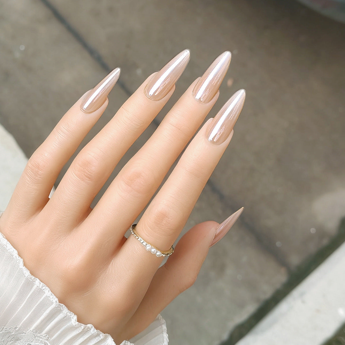 Long Almond Barely There Nude White Ombre Press-On Nails