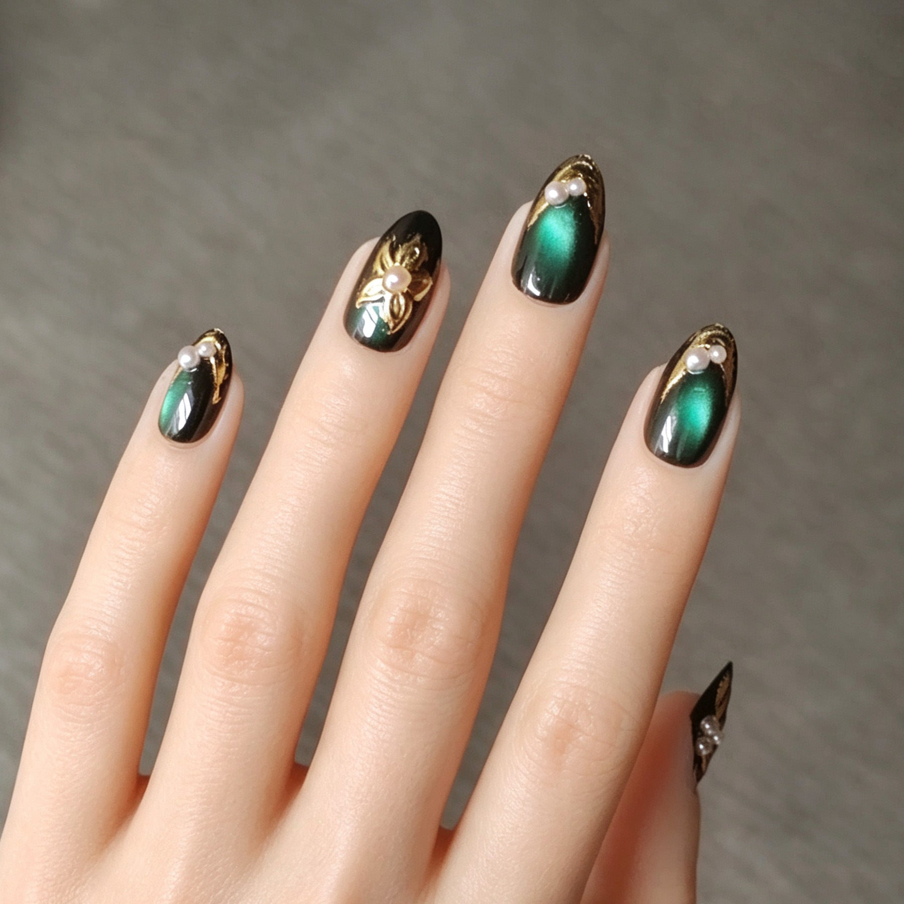Luxury Cat Eye Gold Foil & Pearl Almond Press-On Nails