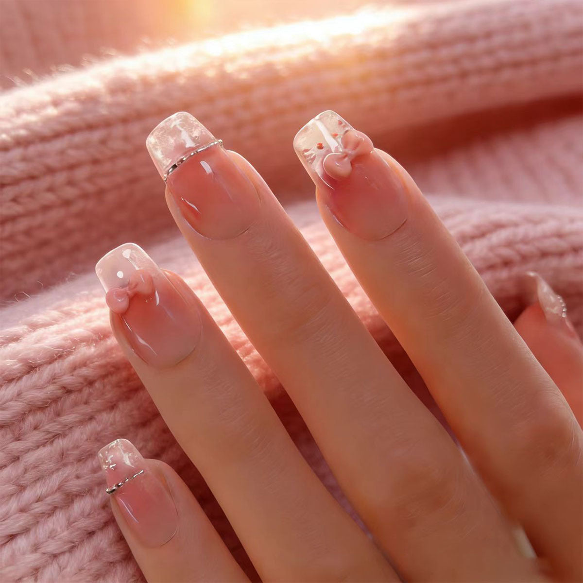 Sweet Kitty Bow Pink Blush French Press-on Nails