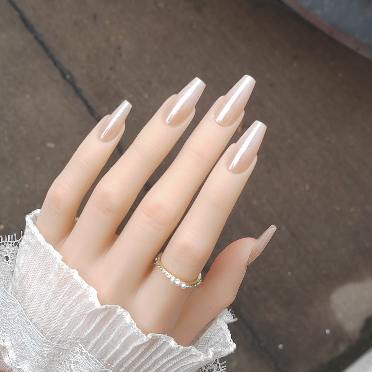 Long Almond Barely There Nude White Ombre Press-On Nails