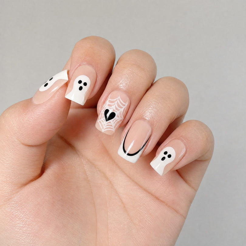 White French black edge ghost press on nails worn on hand