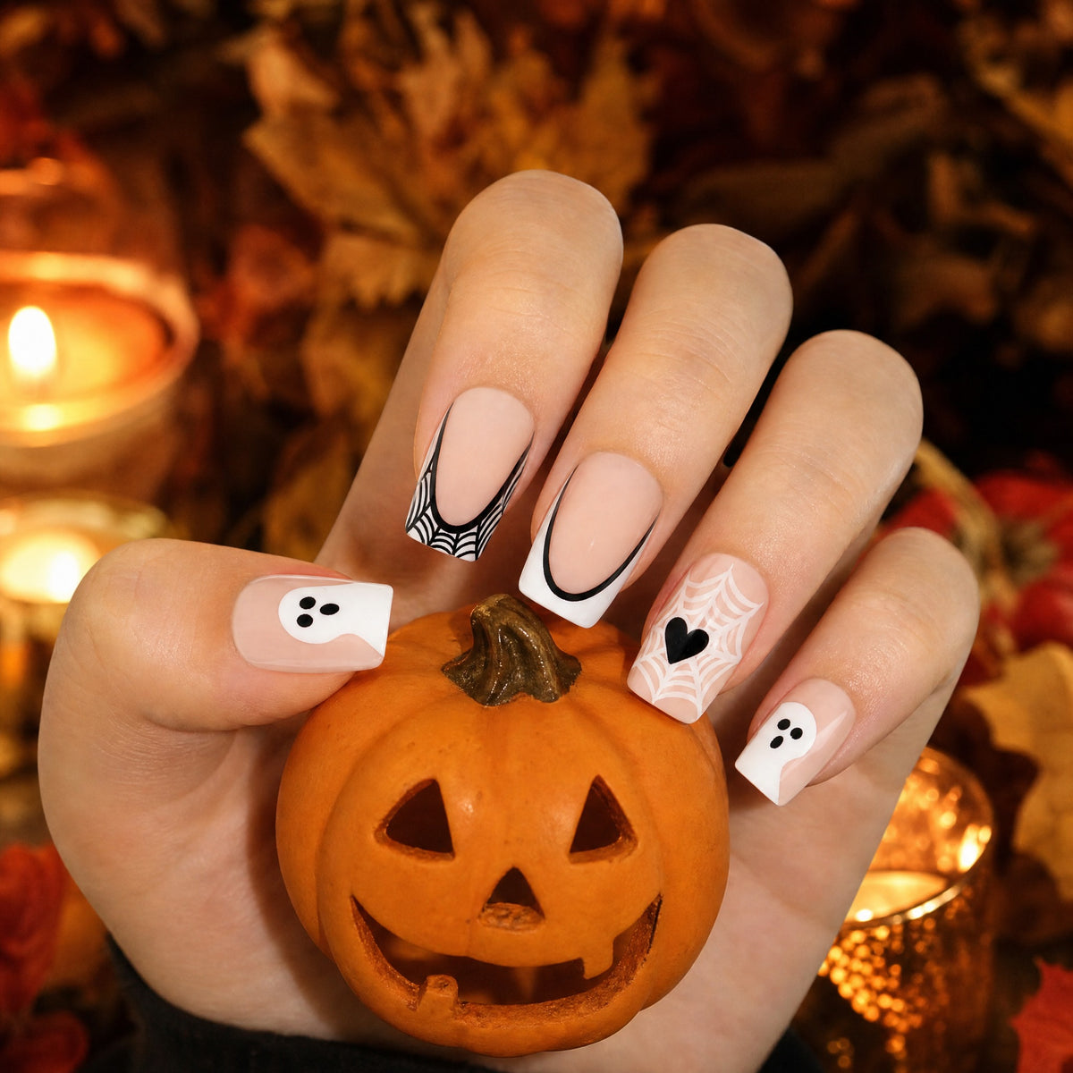 White French black edge ghost press on nails in a Halloween scene with a carved pumpkin