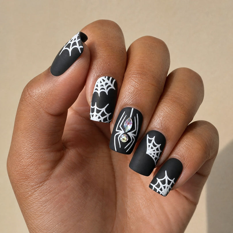 Black matte spider web press on nails worn on a deep skin tone hand