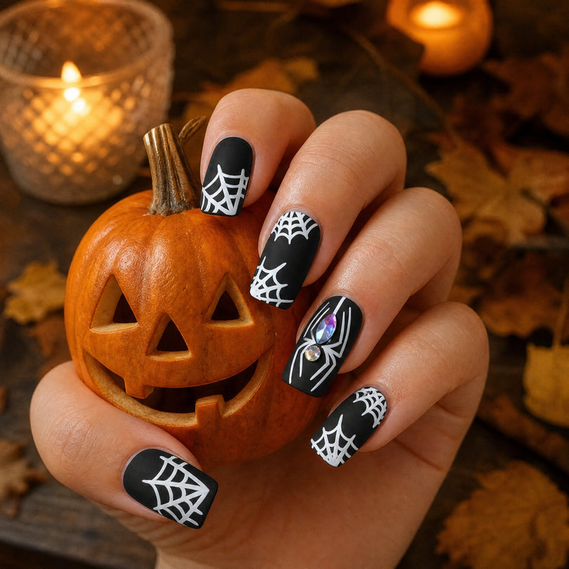 Black matte spider web press on nails in a Halloween scene with a carved pumpkin