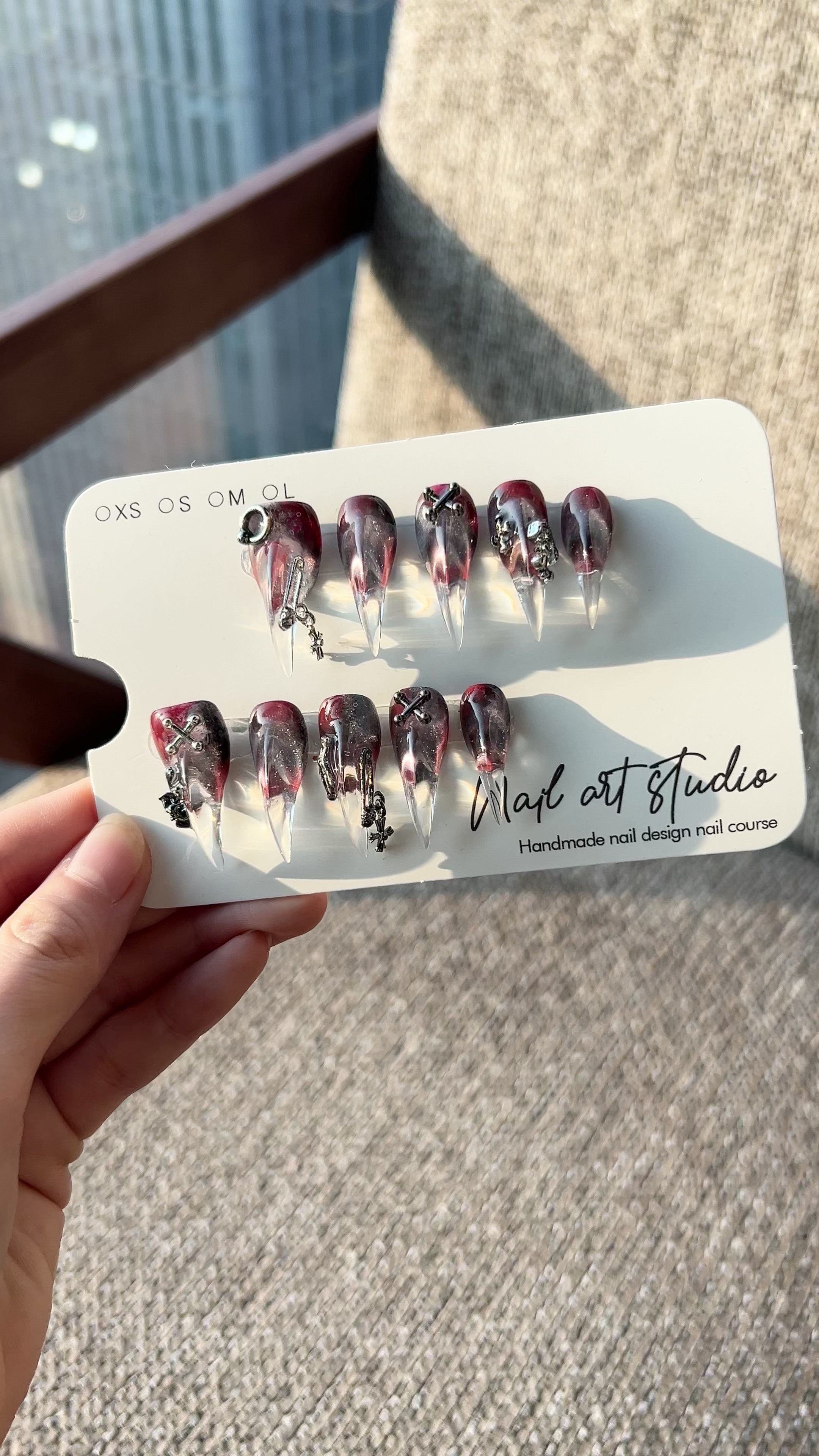 Load video: Midnight Vortex Gothic Claw Press On Nails｜Red‑Black Clear Stiletto with Silver Charms