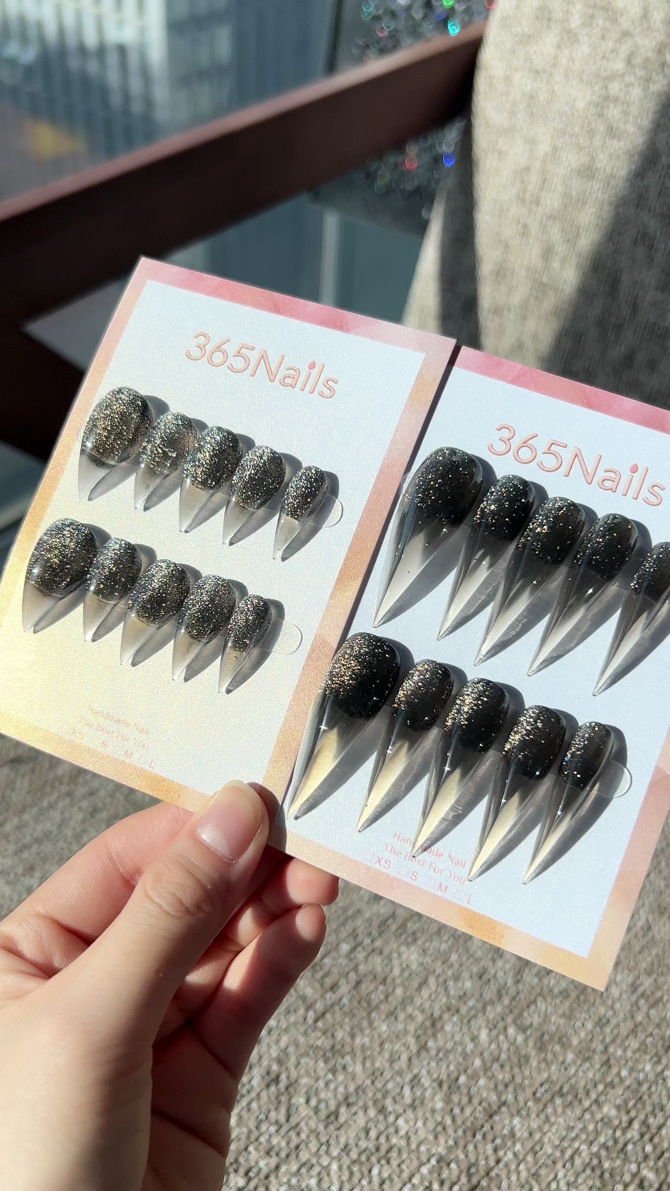 Load video: Obsidian Stardust Dragon Claw Stiletto Black Glitter to Clear Jelly Handmade Dragon Nail