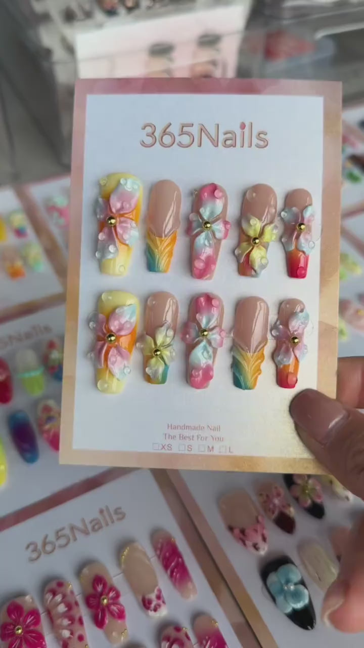 Charger la vidéo : Handmade Tropical Ocean Breeze 3D Floral Press-on Nails | Silver Bows &amp; Butterflies | Long Coffin