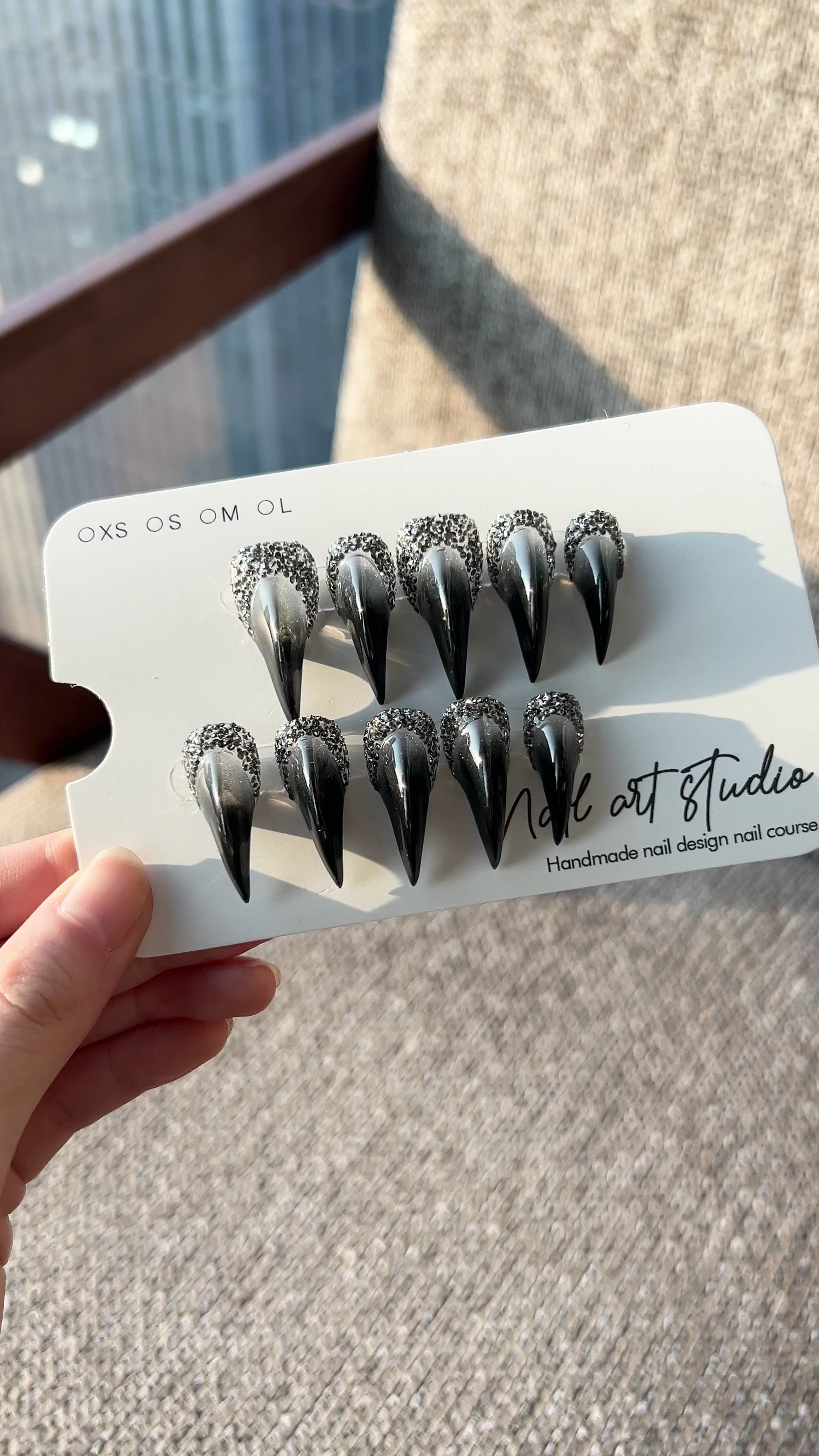 Load video: Midnight Chrome Armor Press On Nails｜Black–Silver Ombre Stiletto