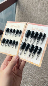 Midnight Serpent Dragon Claw Stiletto Glossy Black with Silver Snake Tips｜365Nails Premium Handmade Dragon Nails