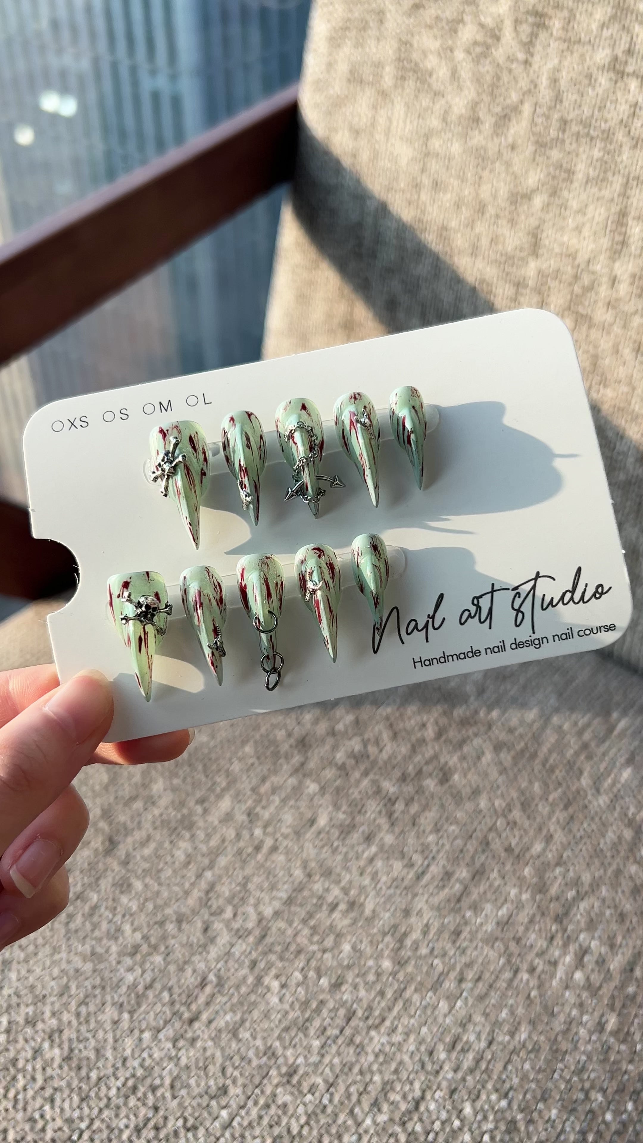 Load video: Bloody Mist Alien Claw Press On Nails｜Mint Green  Stiletto with Silver Charms