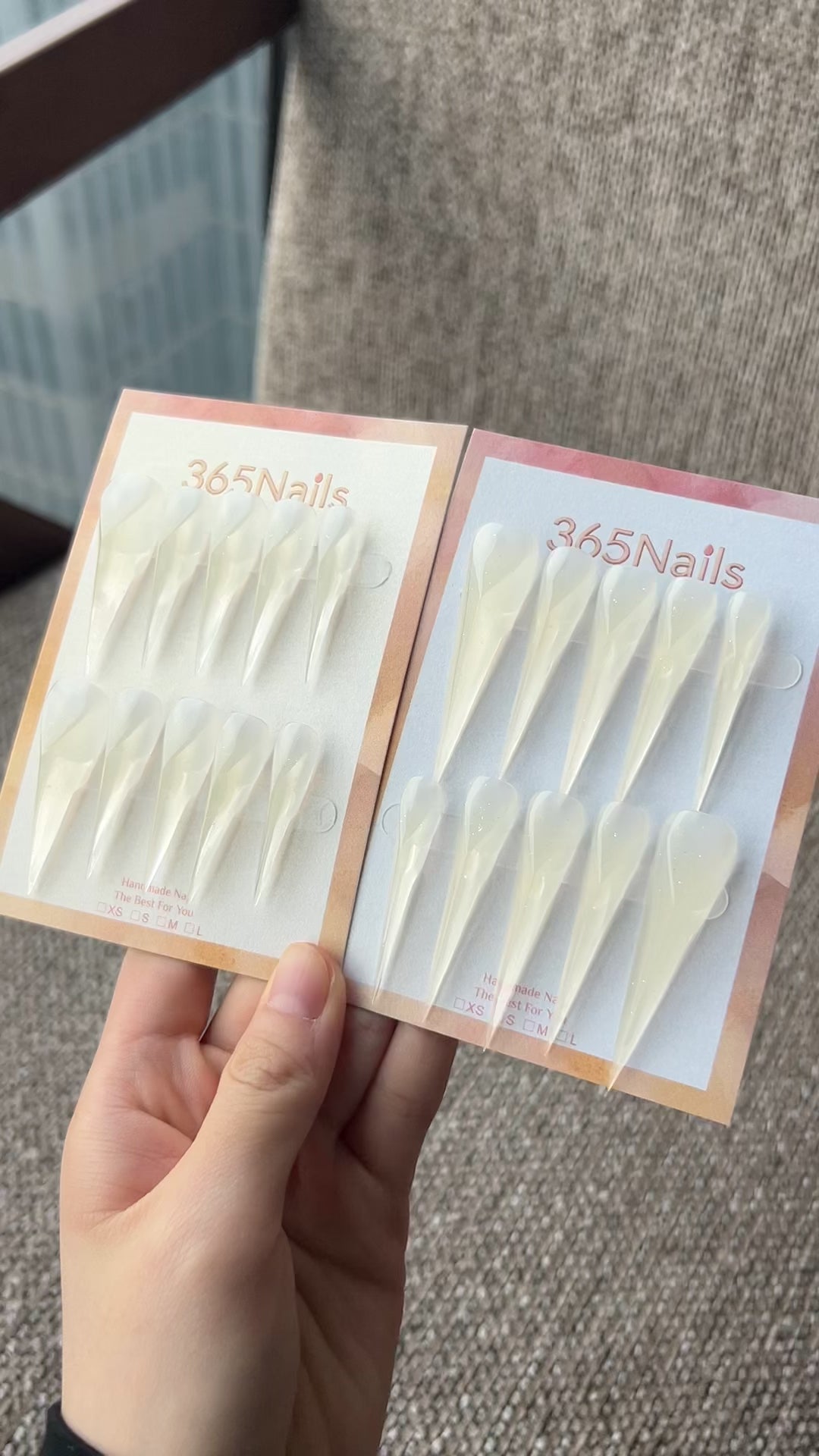Load video: 月光果凍龍爪尖形穿戴甲｜透亮奶白帶細緻閃爍｜365Nails Premium 手工製龍系列