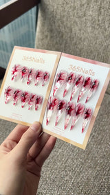 Bloody Rose Dragon Claw Stiletto Clear Jelly with Red Ink Marble & Metal Studs｜365Nails Premium Handmade Dragon Nail