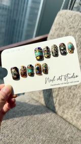 Artist Series: "Pharaoh's Treasure" – Antique Gold & Turquoise Gemstone Heavy Texture Handmade Nails