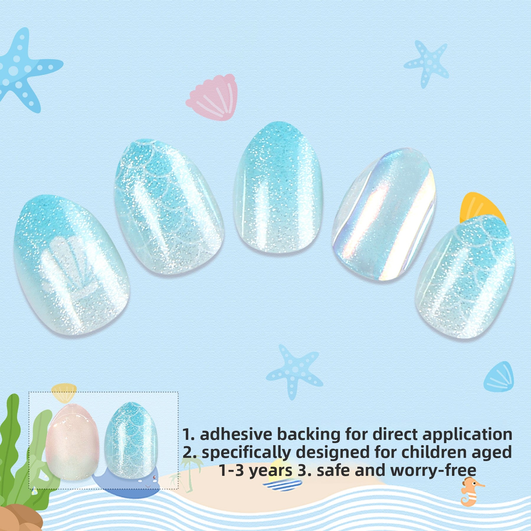 Kids press-on nails Mermaid shell phosphorescent pointed almond nail child 24 pieces