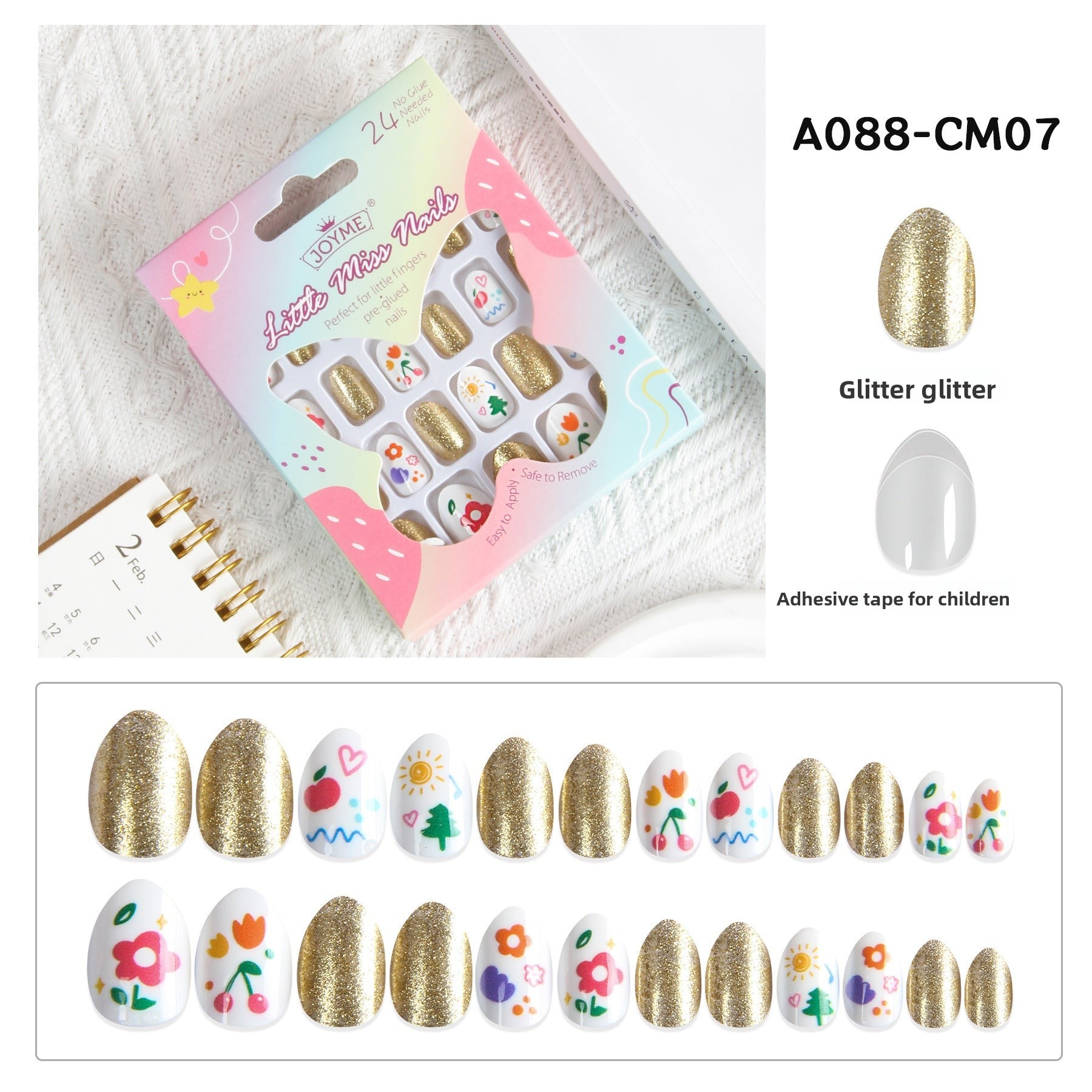 兒童穿戴甲，附指甲貼，尖頭杏仁形，24片成品