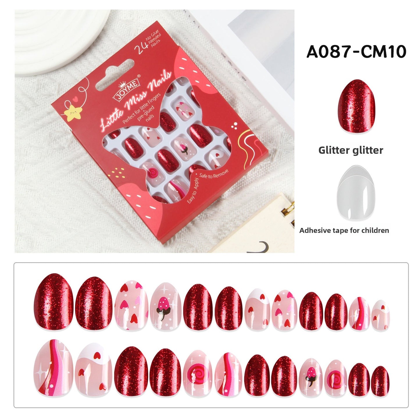 Kids press-on nails Comes with nail patch pointed almond 24 pieces finished product