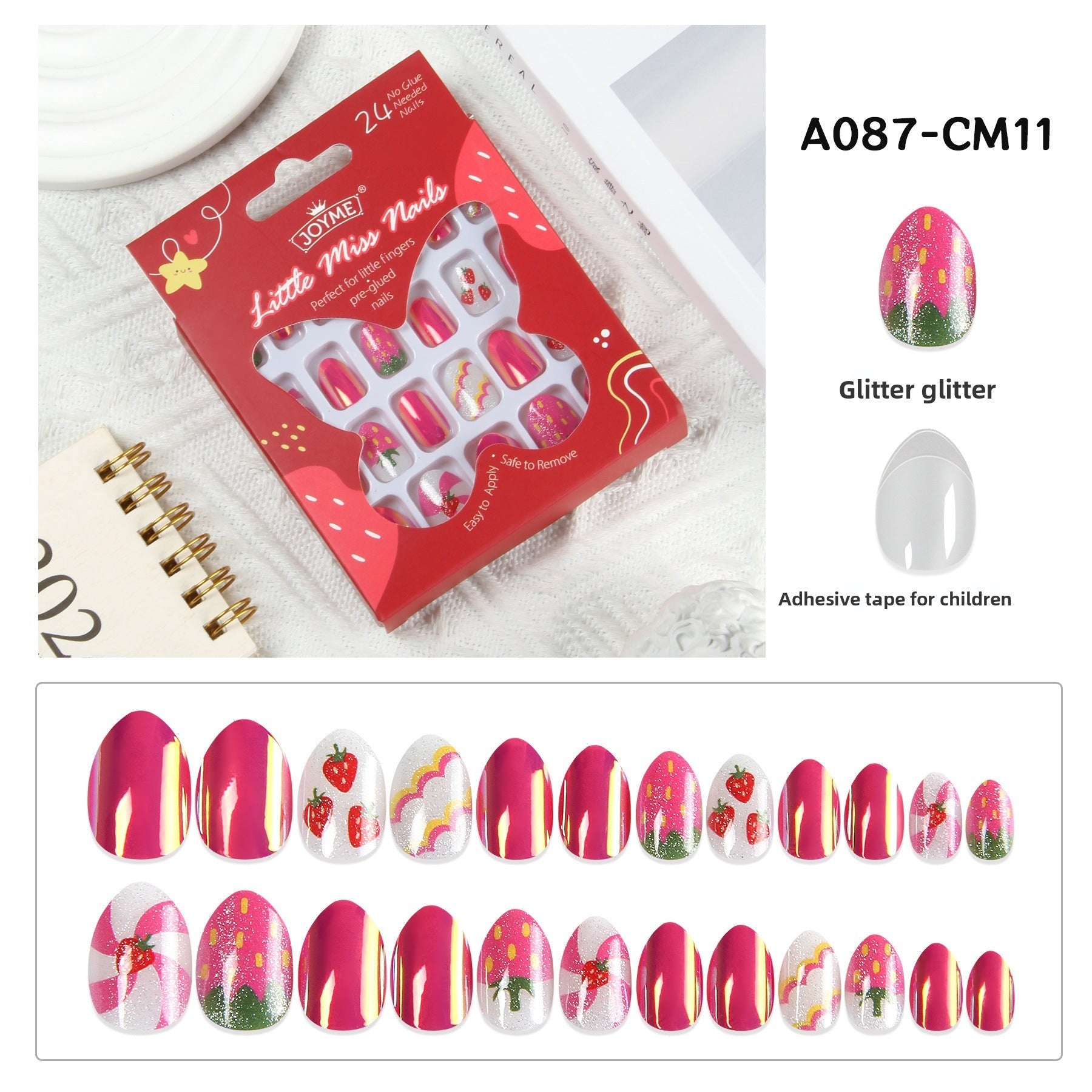 兒童穿戴甲，附指甲貼，尖頭杏仁形，24片成品