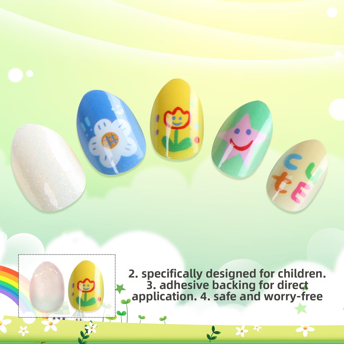 Kids press-on nails Cute cartoon smiley face flower glue-free direct sticker nail piece