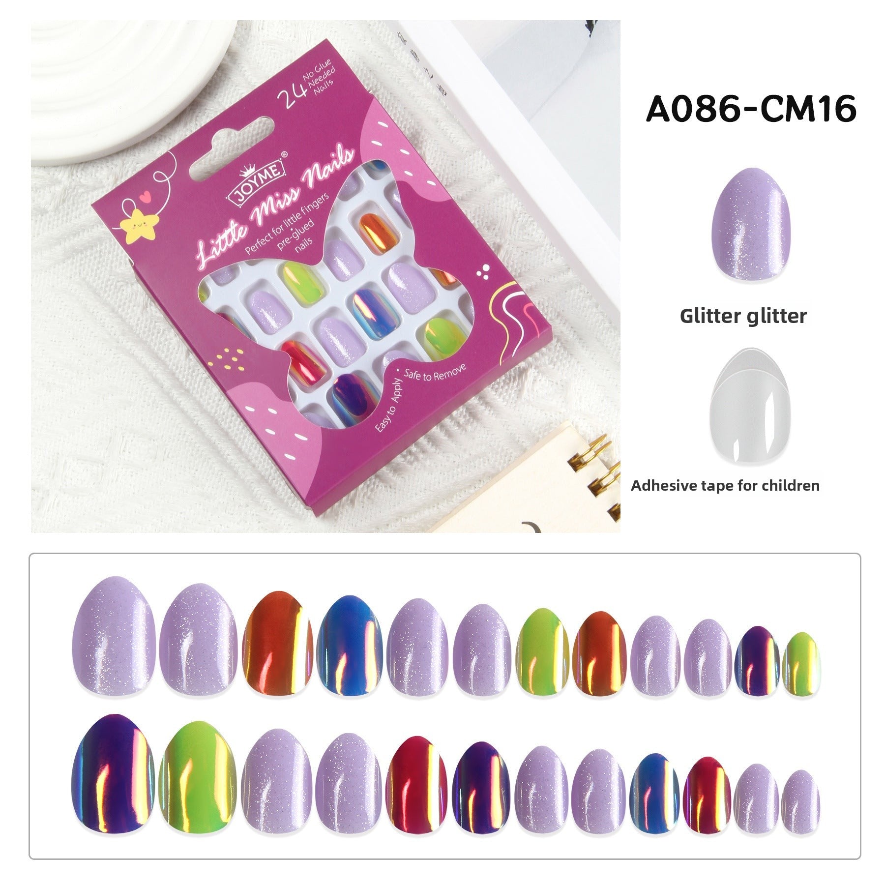 Kids press-on nails Comes with nail patch pointed almond 24 pieces finished product