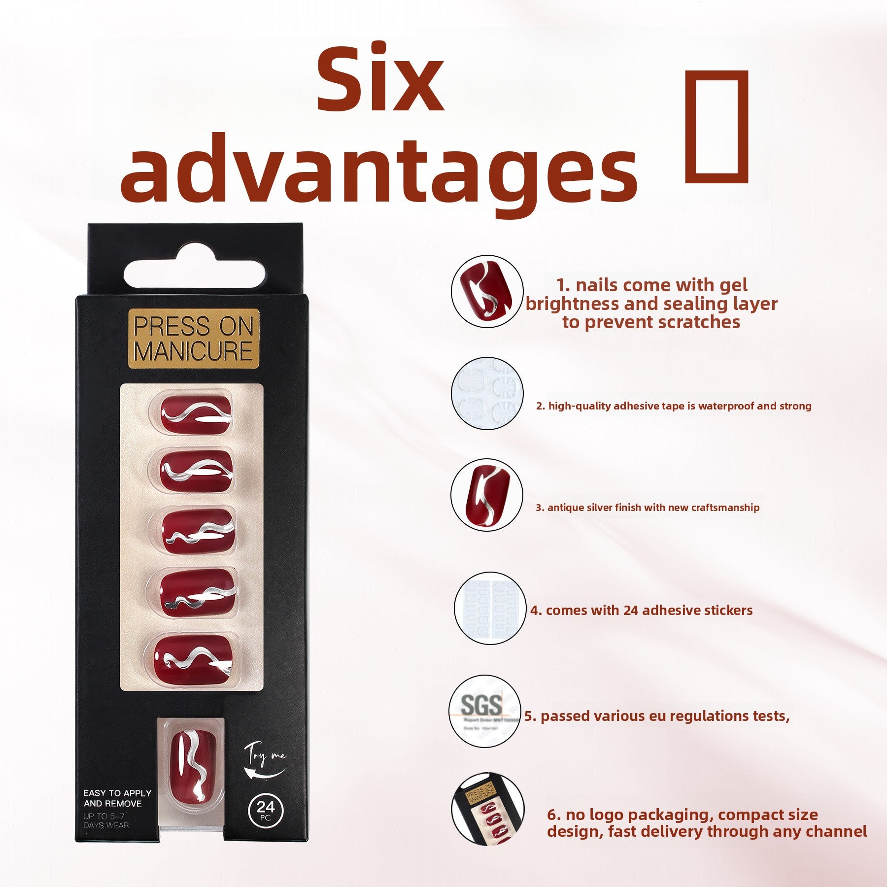 Wine Red Wave Short Square Nail Set