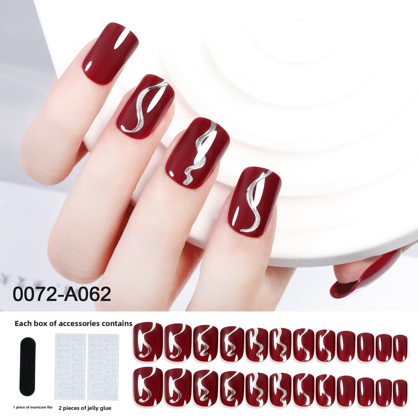 Wine Red Wave Short Square Nail Set