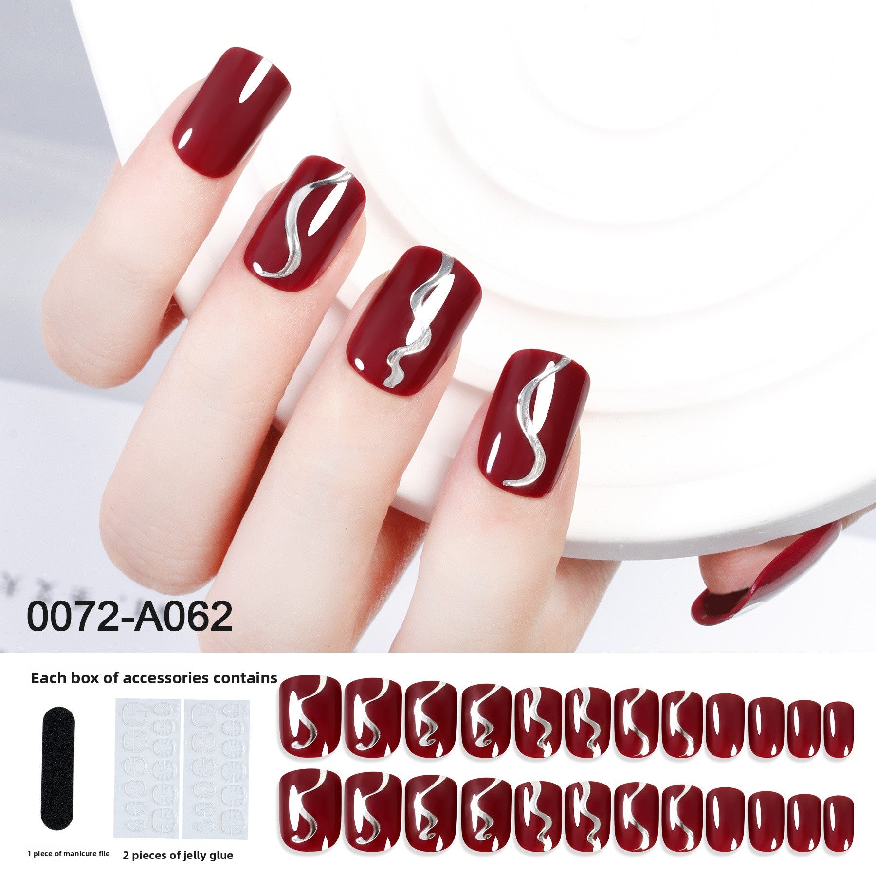 Wine Red Wave Short Square Nail Set
