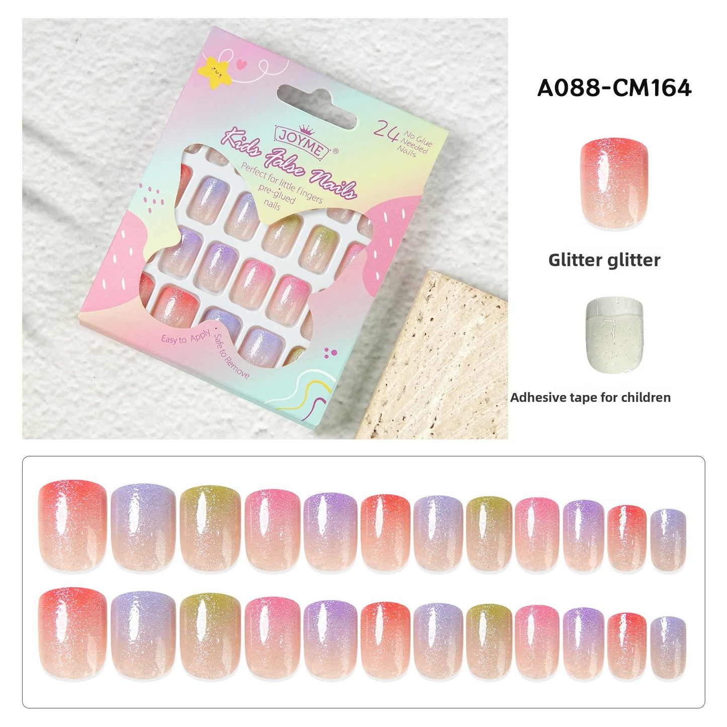Kids press-on nails Comes with nail patch pointed almond 24 pieces finished product
