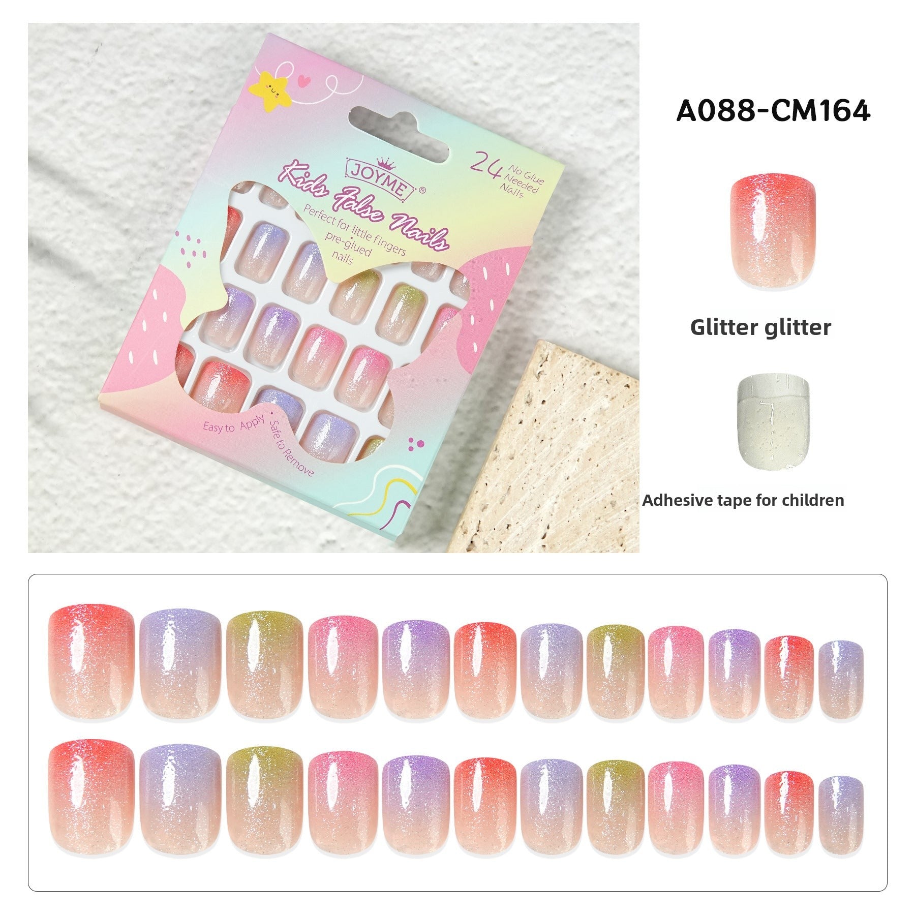 Kids press-on nails Comes with nail patch pointed almond 24 pieces finished product