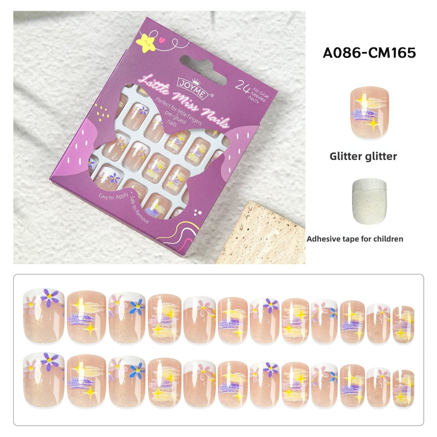 Kids press-on nails Comes with nail patch pointed almond 24 pieces finished product