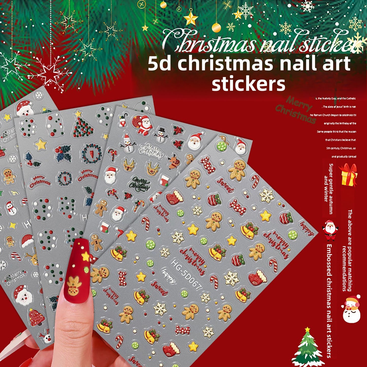 Happy Christmas Nail Art Sticker 5D Embossed Three-dimensional Snowman Santa DIY Nail Sticker Ornament HG