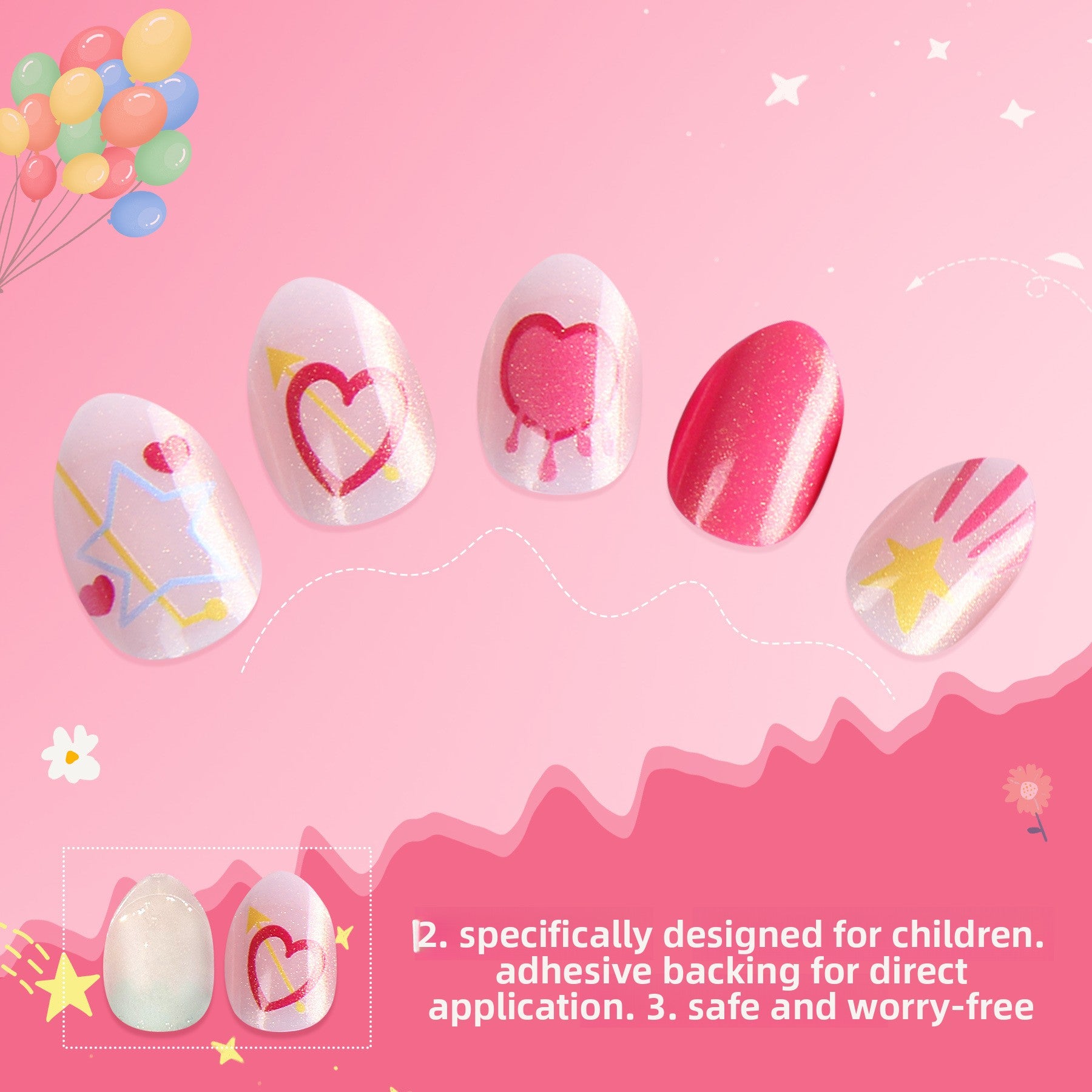 Kids press-on nails Rose red pointed almonds are suitable in small packages.
