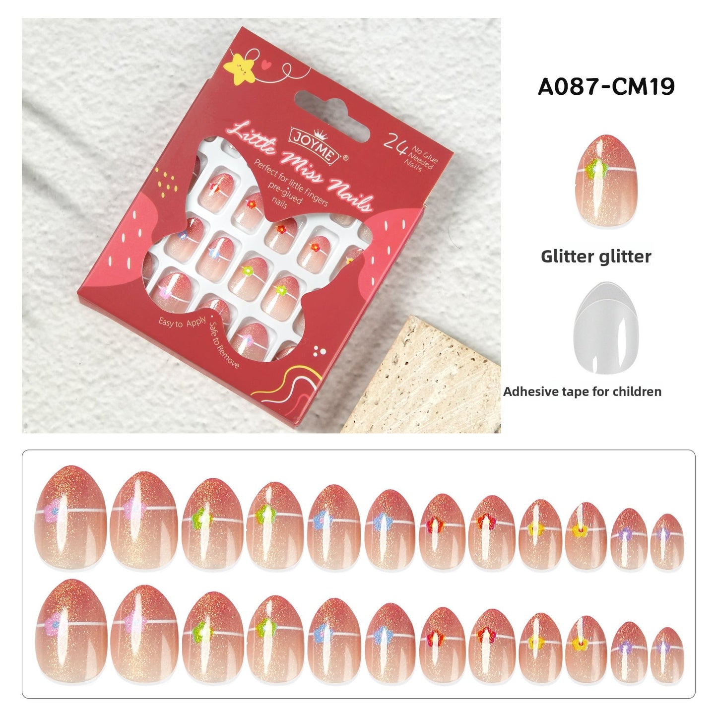 Kids press-on nails Comes with nail patch pointed almond 24 pieces finished product
