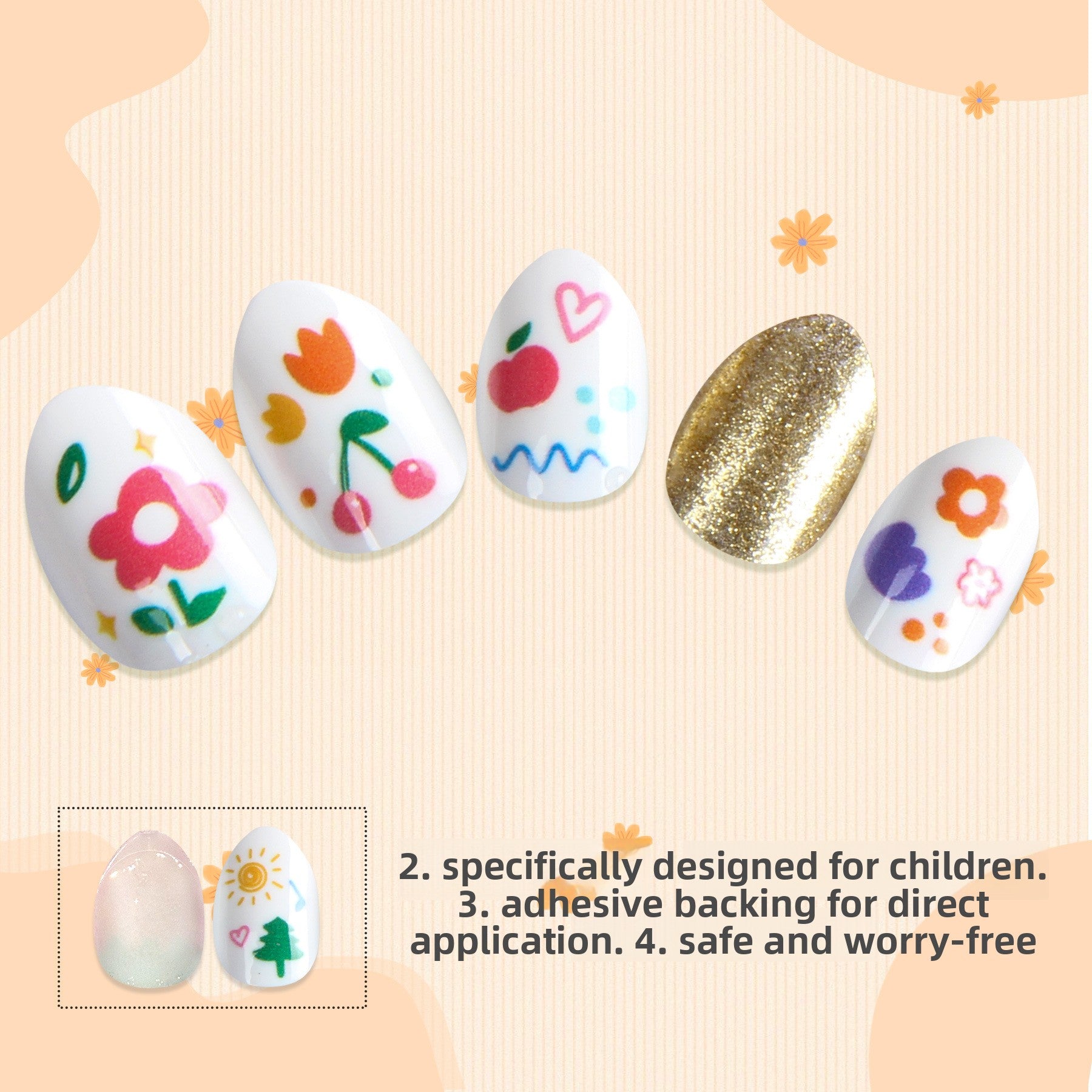Kids press-on nails Pointed almond nail stickers Cartoon golden flowers 24 pieces Detected