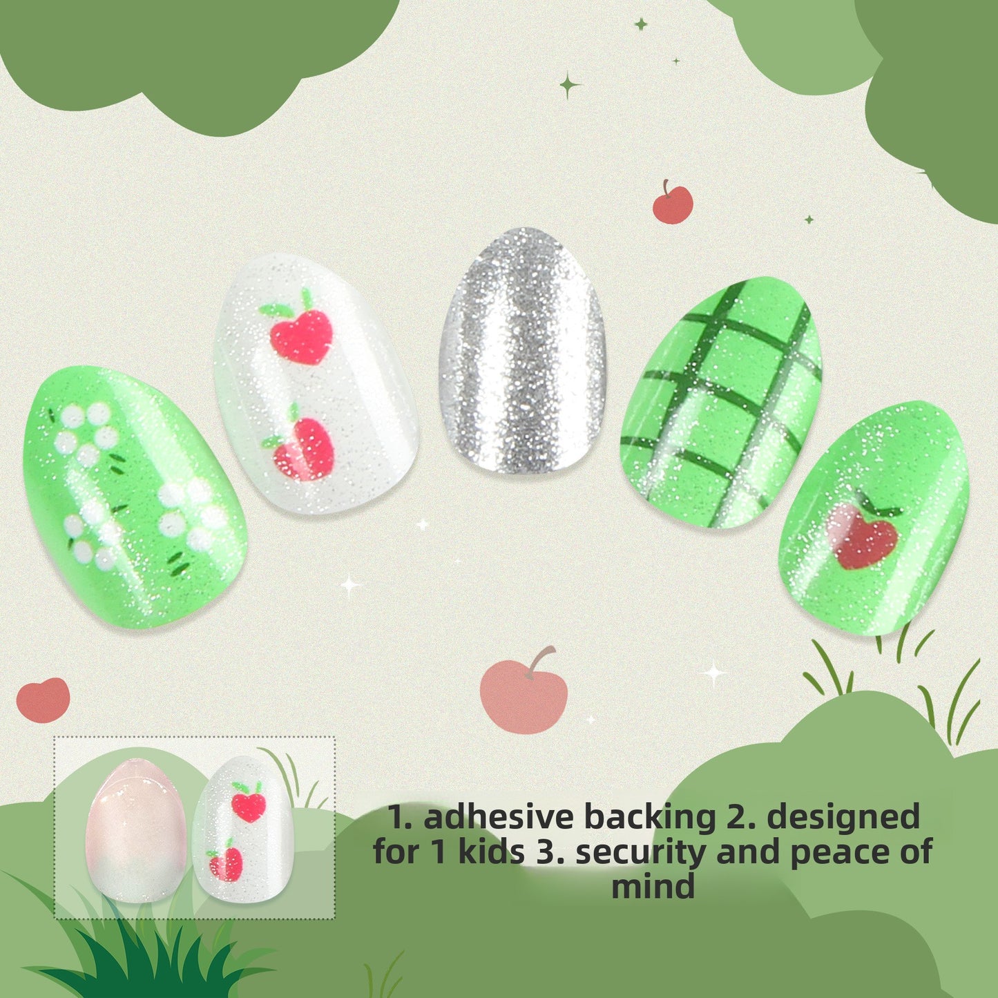 Kids press-on nails Green, safe and environmentally friendly glue-free patches 24 pieces average size