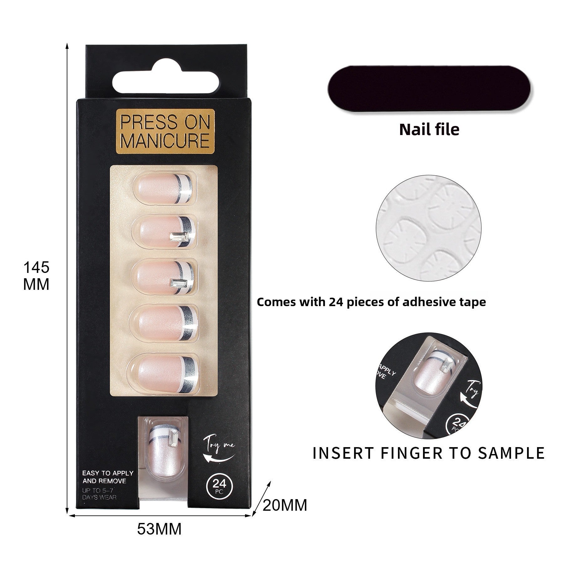 Silver French Stripe Nude Short Square Nail Set