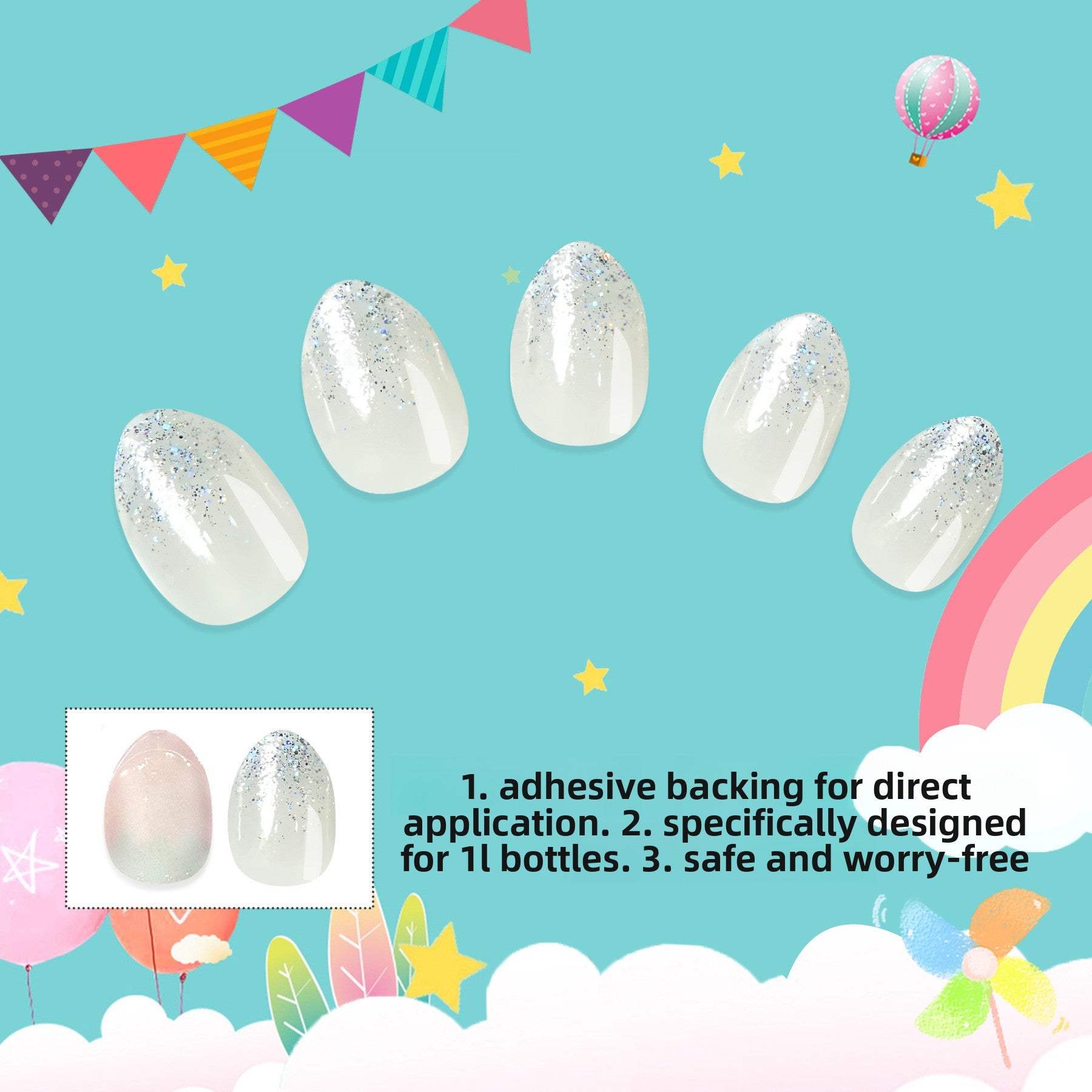 Kids press-on nails Pointed almond gradual change glitter powder little girl princess manicure sticker 24 pieces