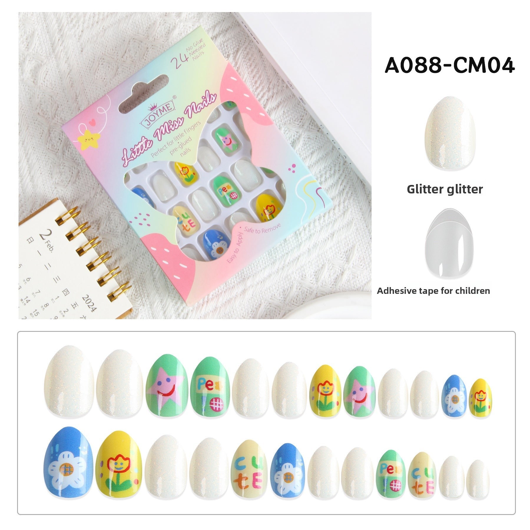 Kids press-on nails Comes with nail patch pointed almond 24 pieces finished product