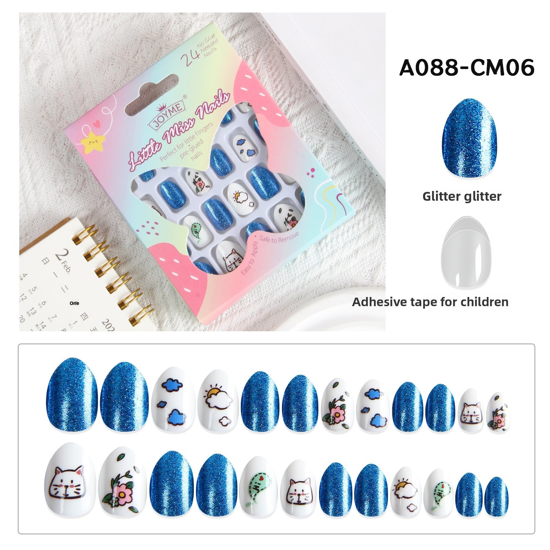 兒童穿戴甲，附指甲貼，尖頭杏仁形，24片成品