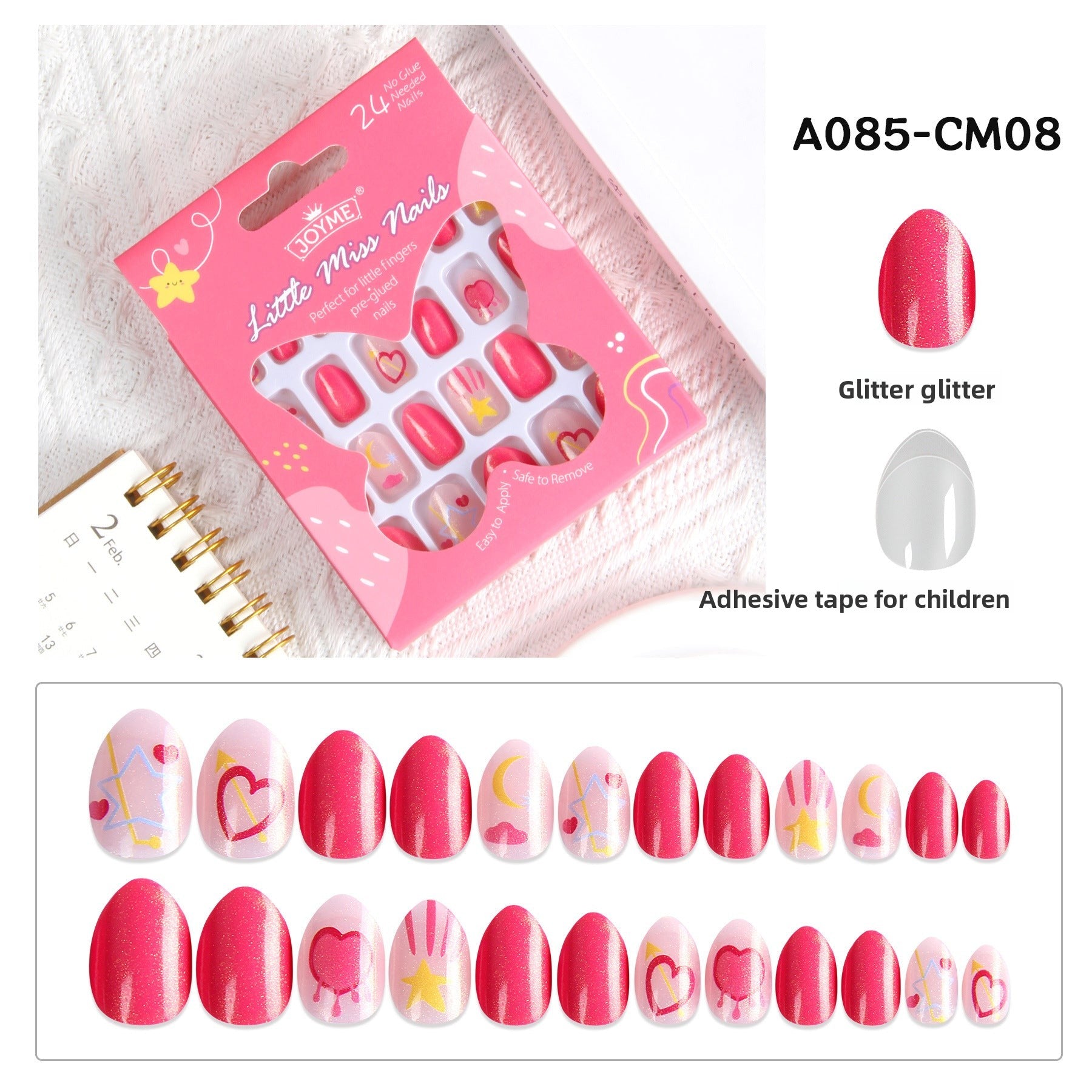 Kids press-on nails Comes with nail patch pointed almond 24 pieces finished product