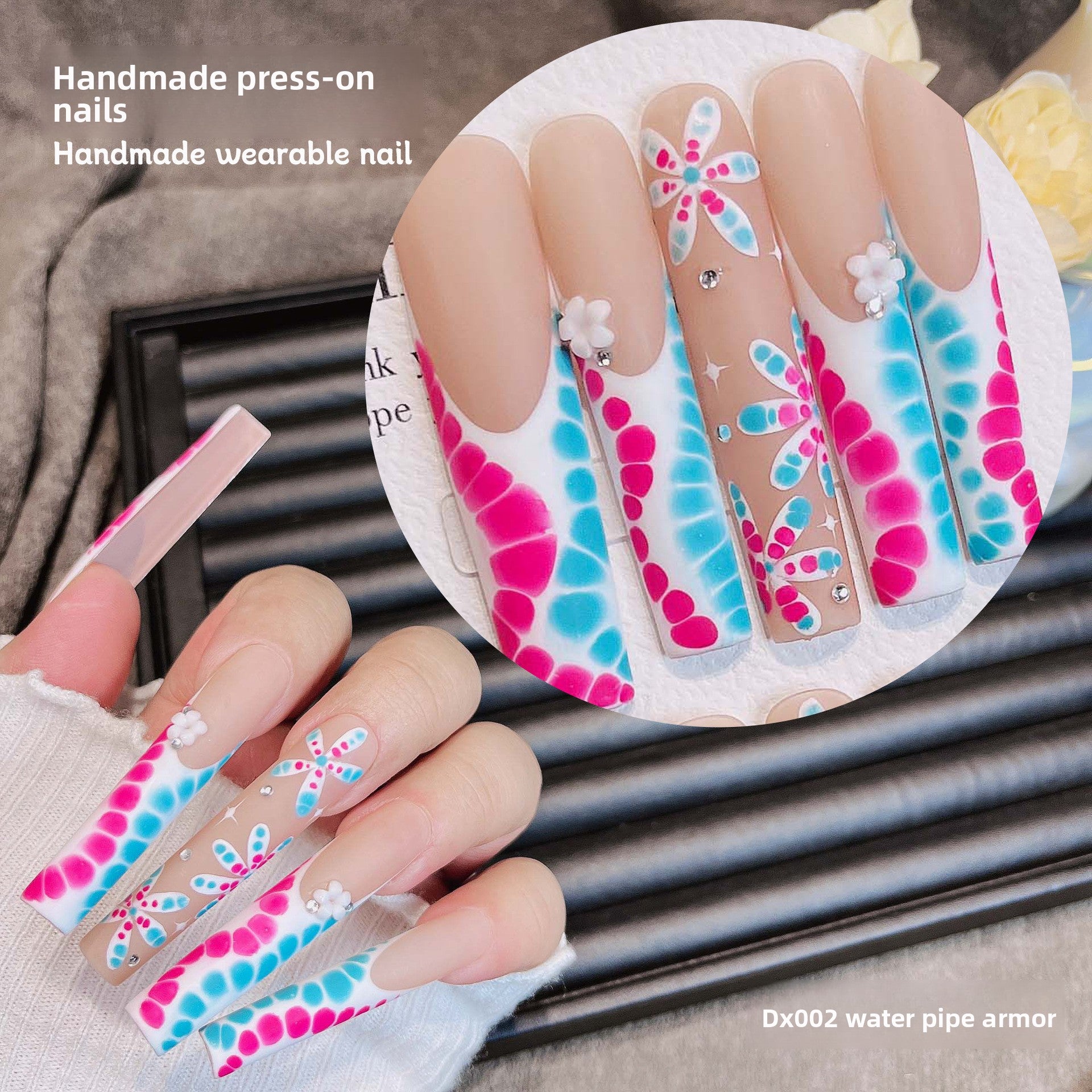 Extra Long 5.5cm Water Pipe Press-On Nails | Handmade Collection | Round Shape