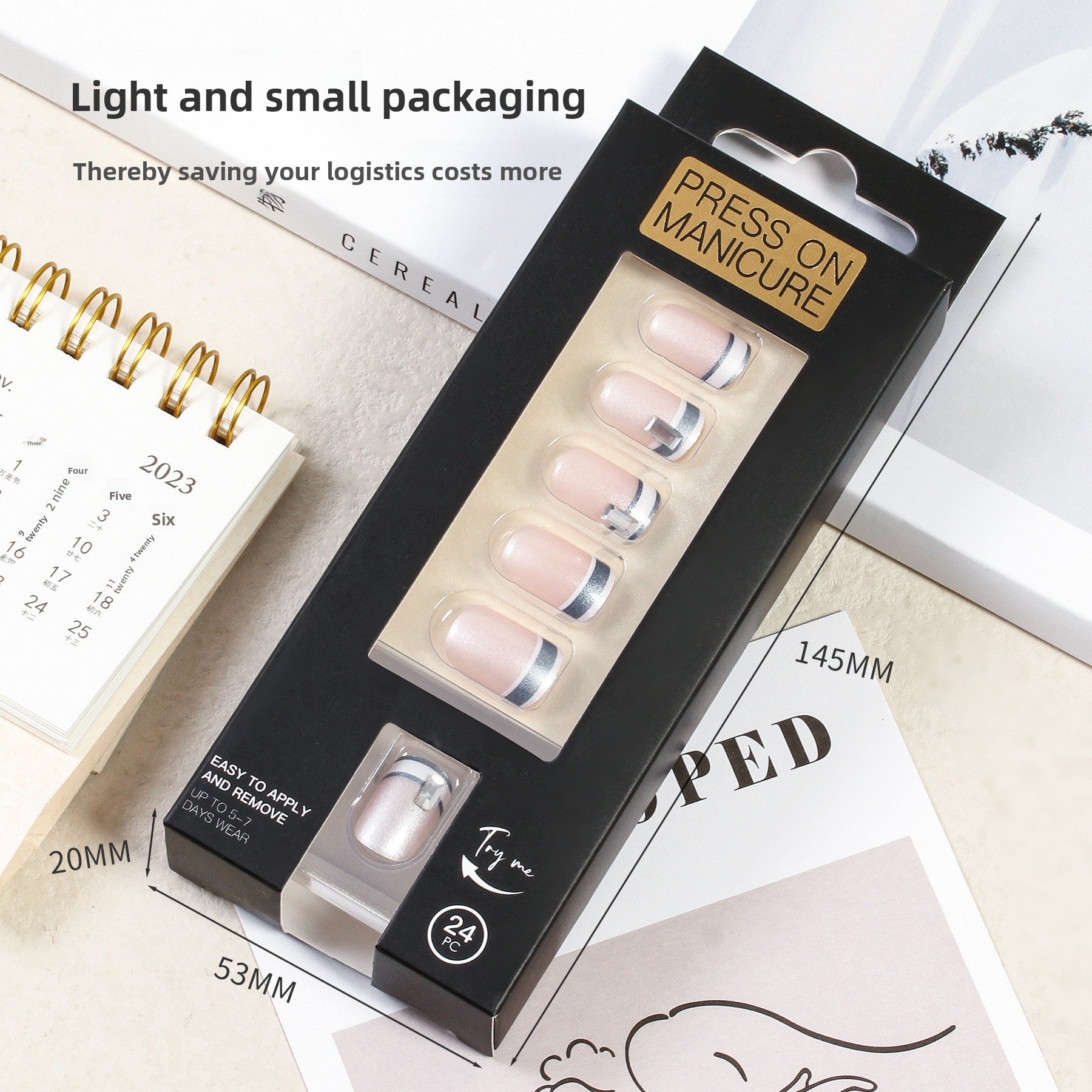 Silver French Stripe Nude Short Square Nail Set