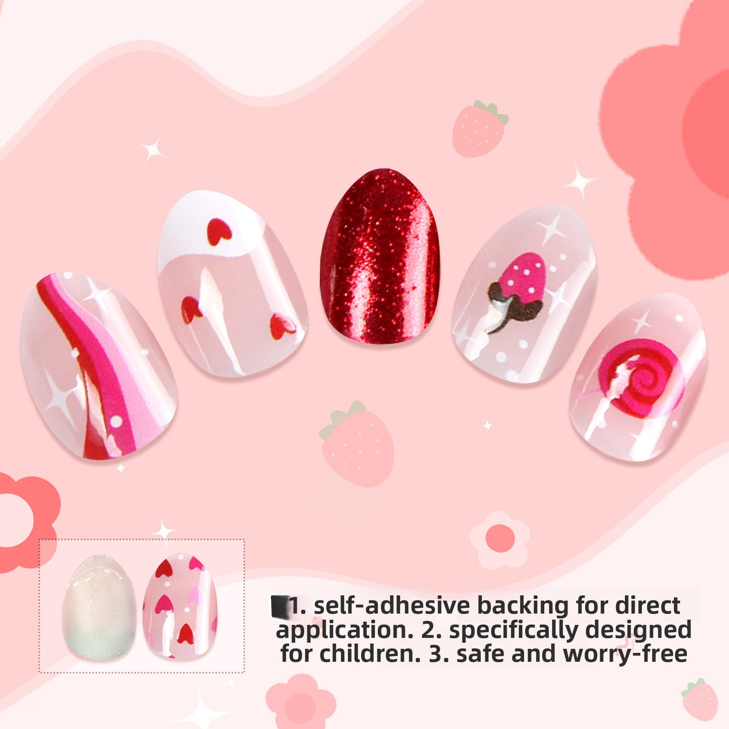 Kids press-on nails Cute Cartoon Strawberry Lollipop Red Glitter Powder 24 Pieces Almond Tip Children's Nail Patch