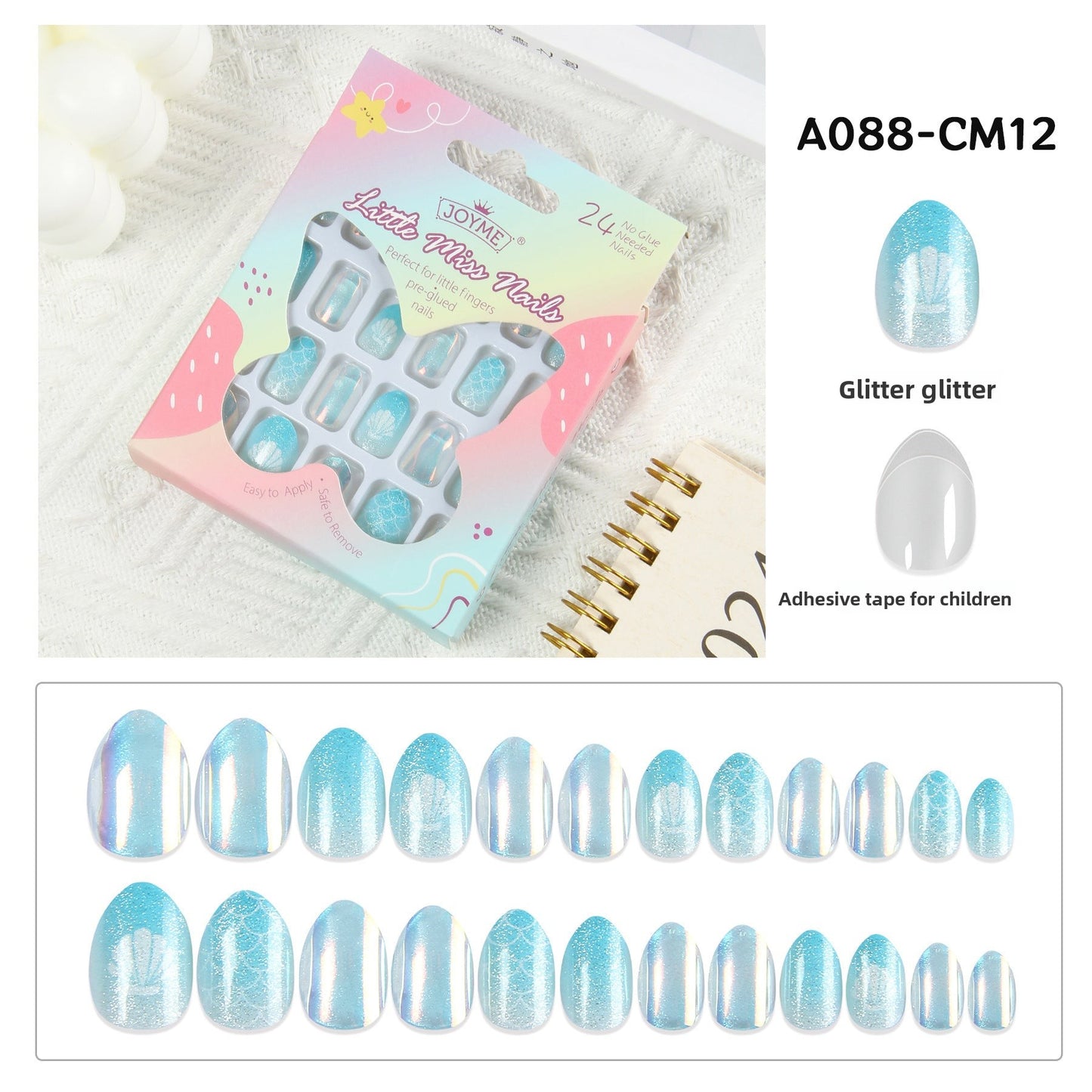 Kids press-on nails Comes with nail patch pointed almond 24 pieces finished product