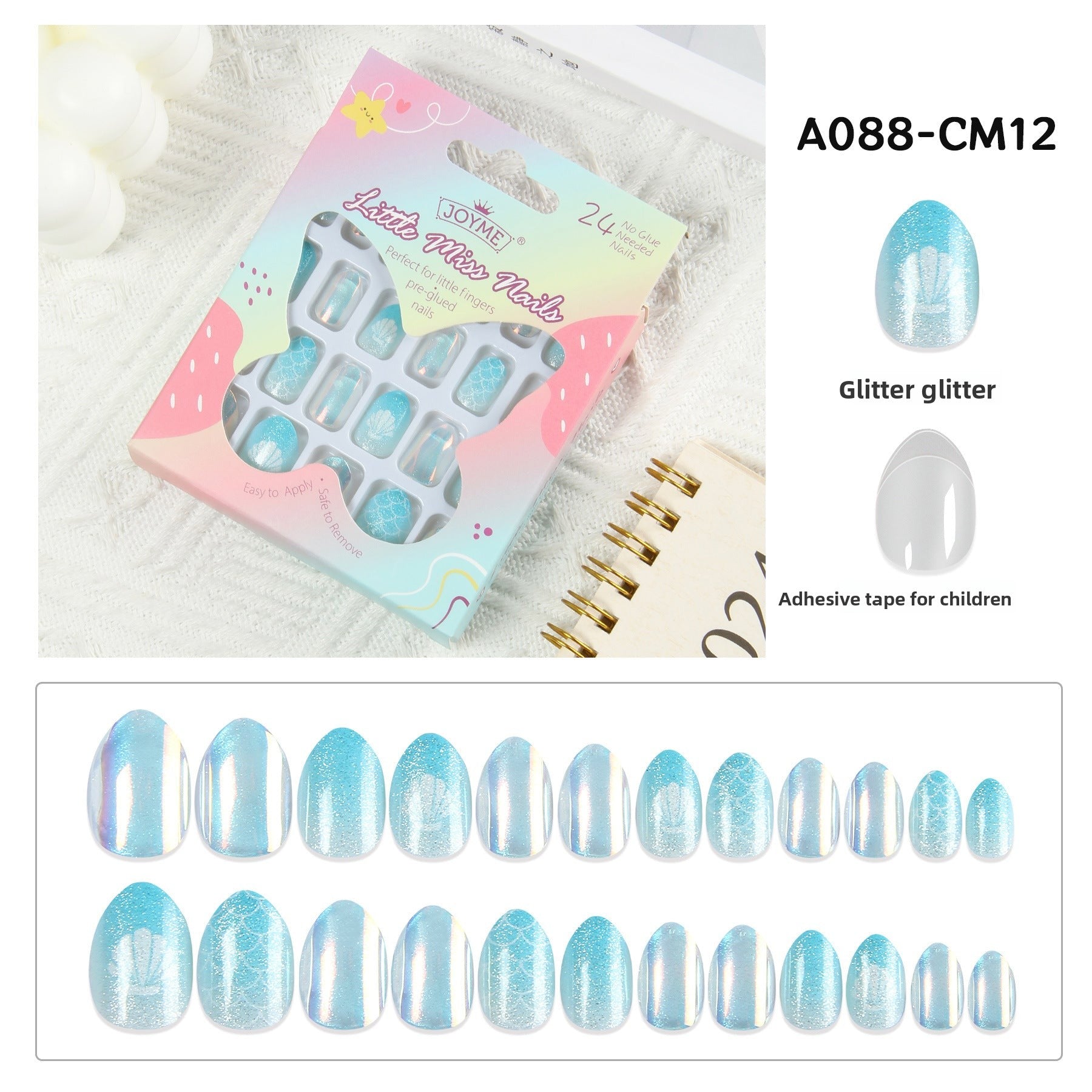 兒童穿戴甲，附指甲貼，尖頭杏仁形，24片成品