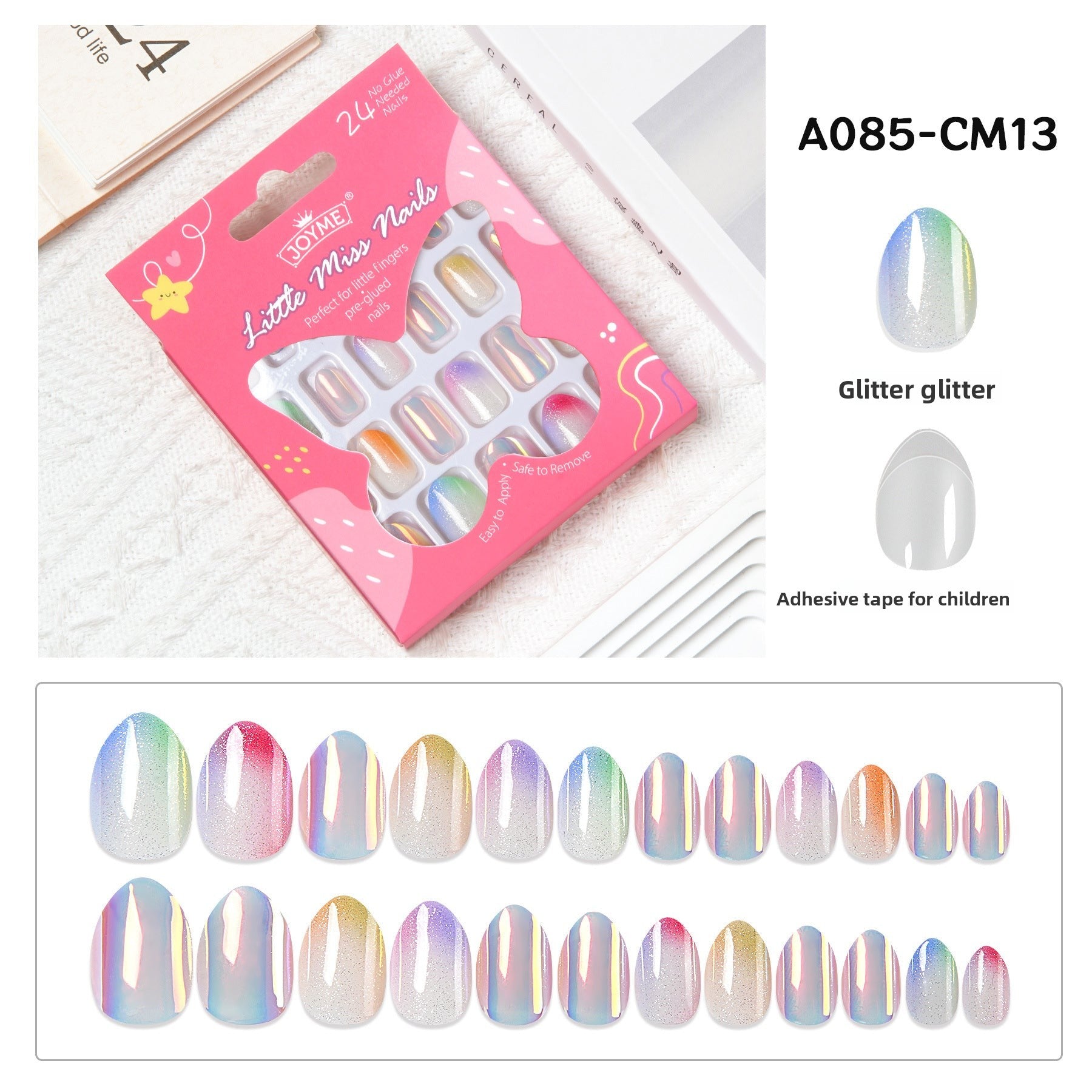 Kids press-on nails Comes with nail patch pointed almond 24 pieces finished product