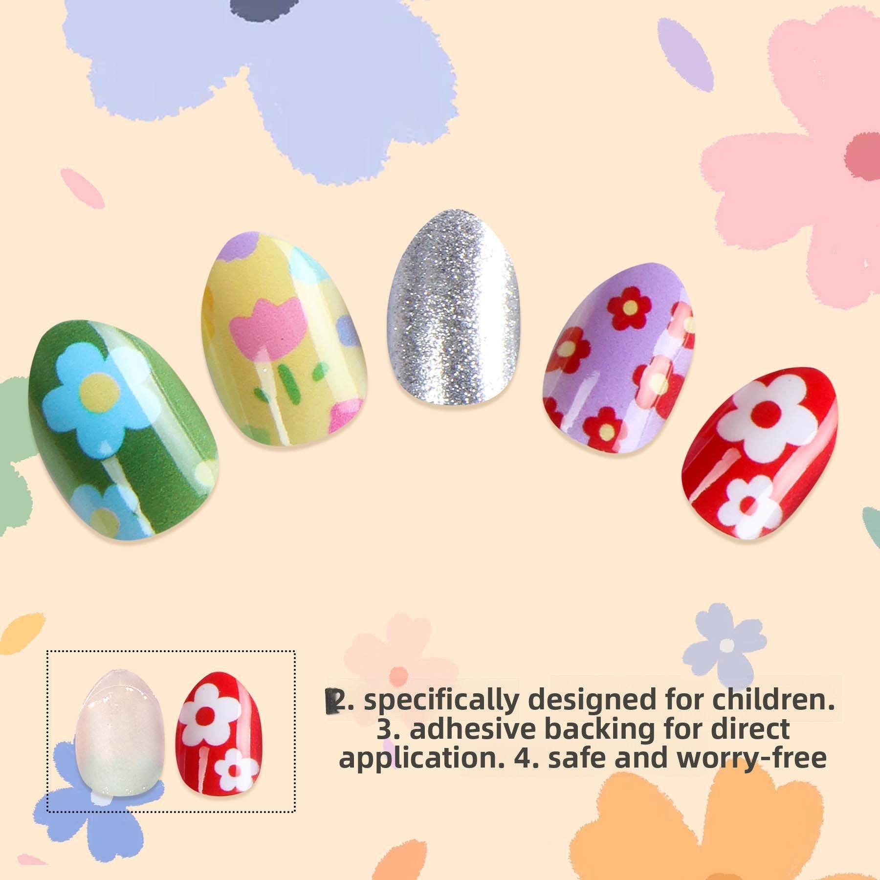 Kids press-on nails 24 pieces of finished nail art patch, silver flower, safe and environmentally friendly